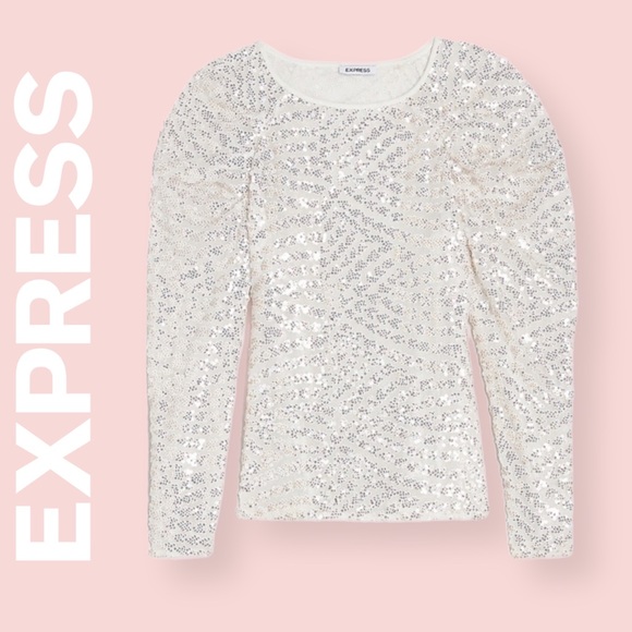 EXPRESS IVORY White SEQUIN PUFF RUCHED Long SLEEVE BLOUSE TOP Shirt XSMALL - Picture 2 of 13